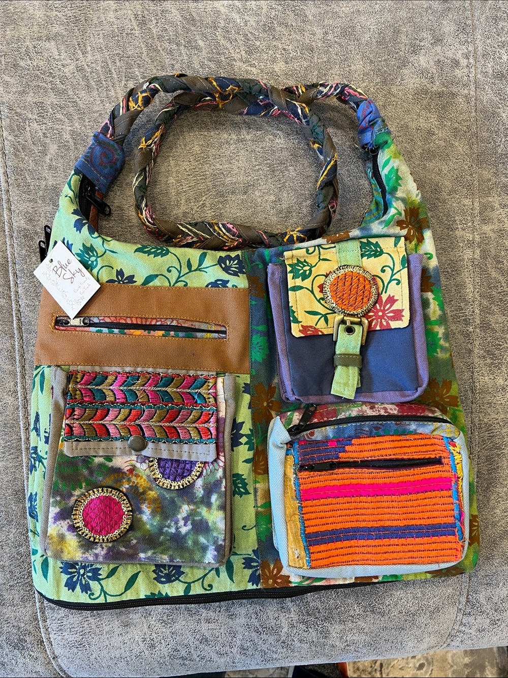Blue Sky Green Floral Multi-Pocket Patchwork Shoulder Bag